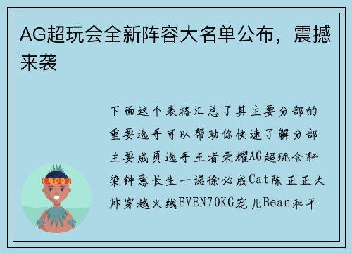 AG超玩会全新阵容大名单公布，震撼来袭